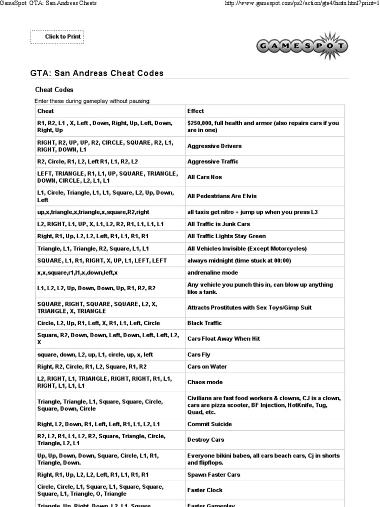 GTA: San Andreas Cheat Codes, PDF, Semi Trailer Truck